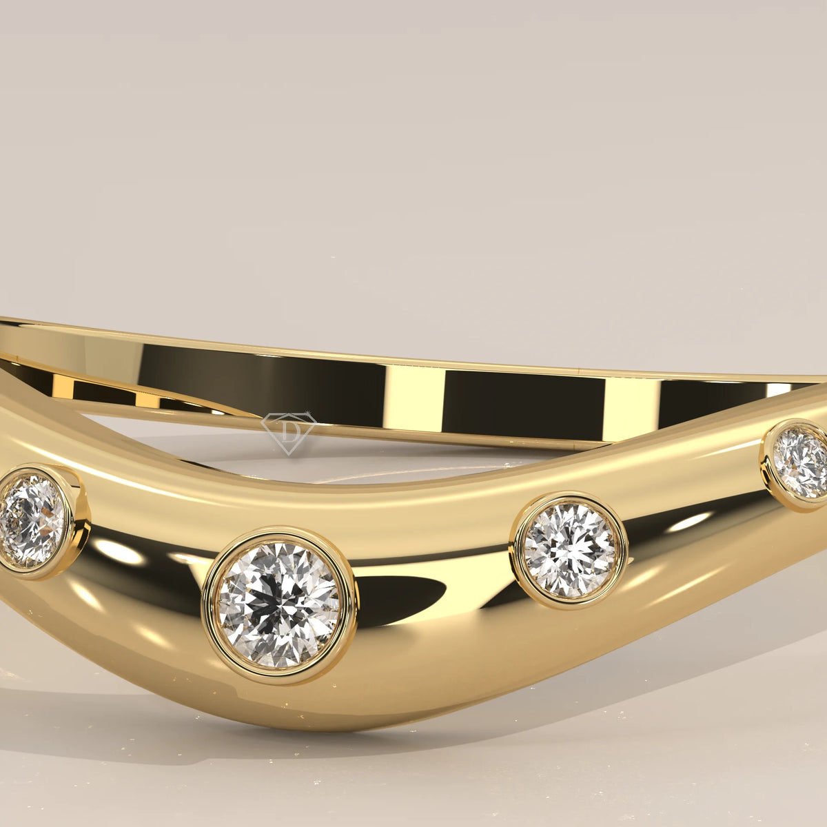 Curved Chevron Band with Five Graduated Bezel Diamonds in yellow gold, side profile view.