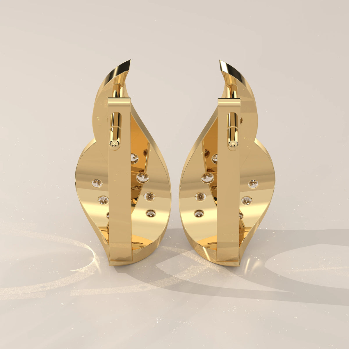 Curved Leaf Lab Grown Diamond Earrings with Latch Back Closure in yellow gold, photographed head-on.