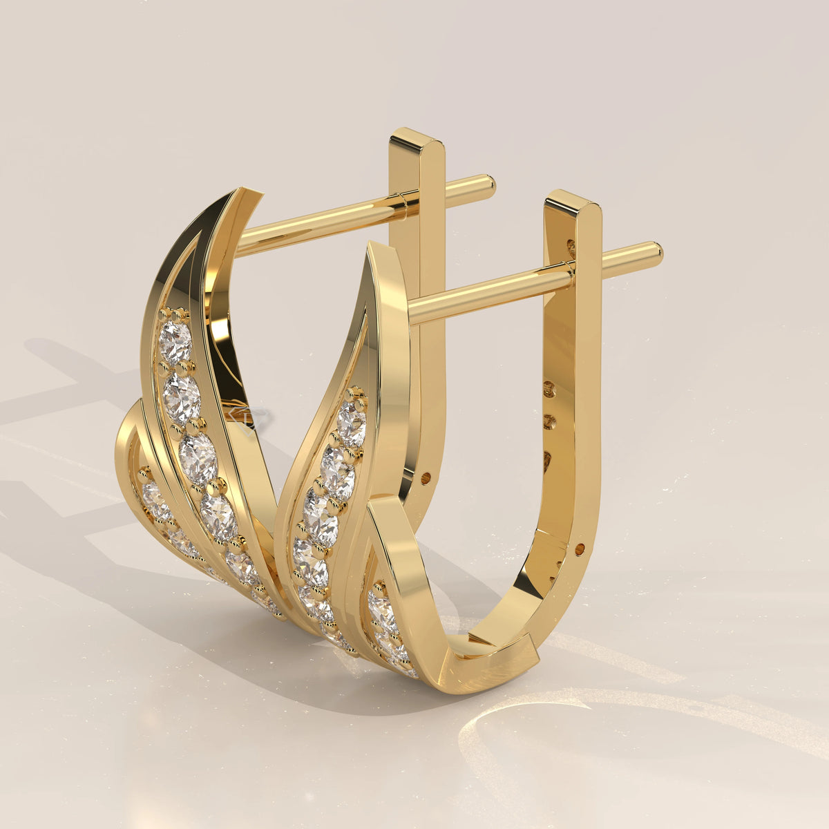 Curved Leaf Lab Grown Diamond Earrings with Latch Back Closure in yellow gold, shown from the side.
