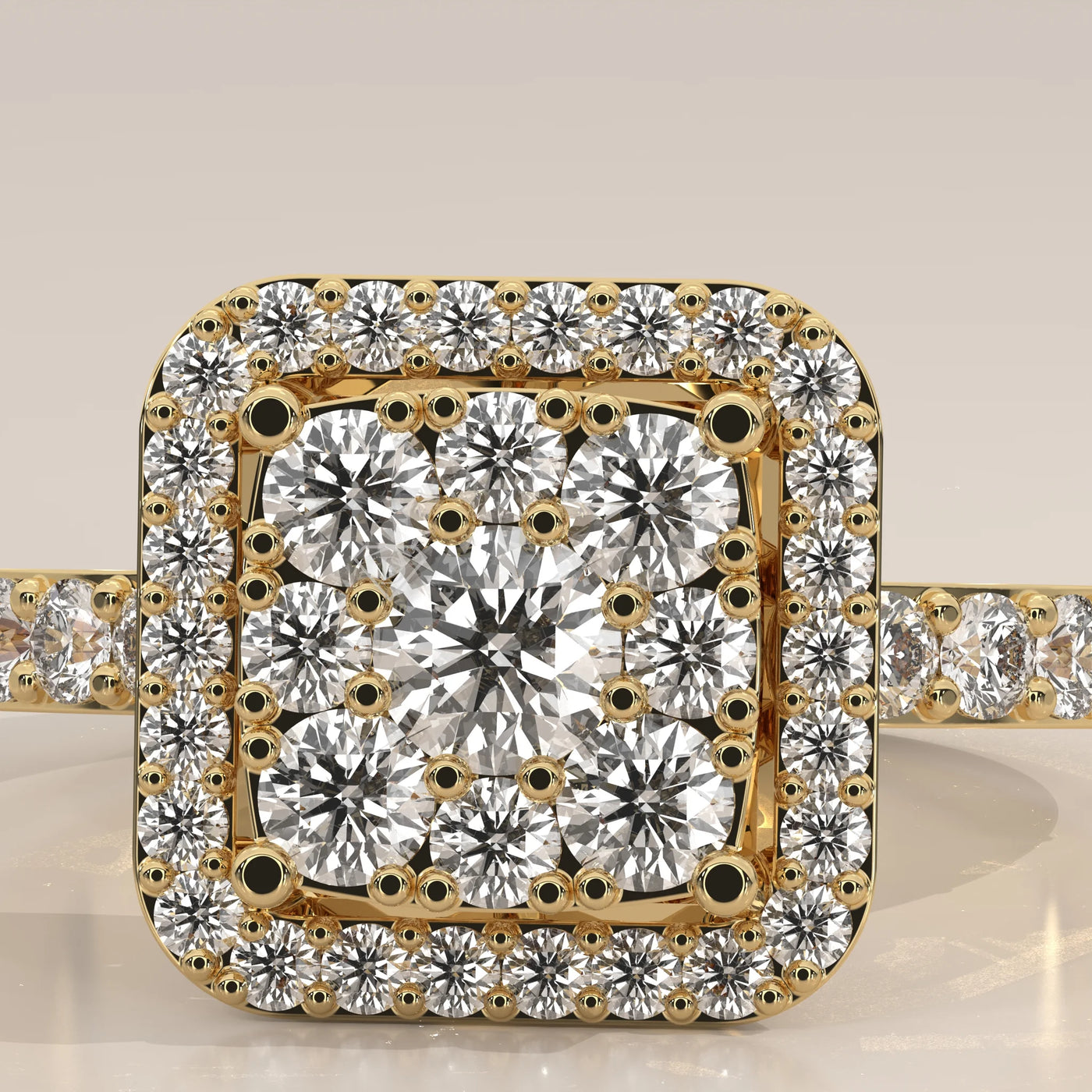 Stone Detail: Cushion Lab Grown Diamonds in Cluster Setting – Yellow Gold – Driona Jewels