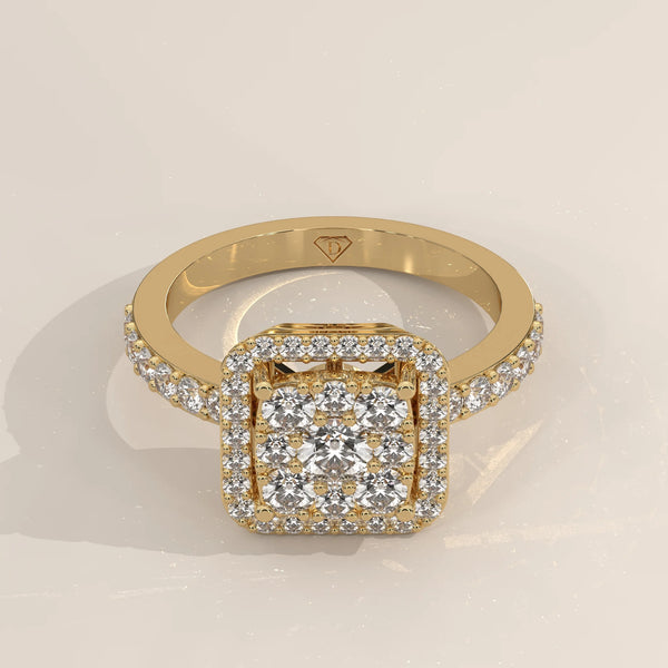 Three-Quarter View: Cushion Diamond Engagement Ring with Cluster Setting in Yellow Gold – Lab Grown – Driona Jewels
