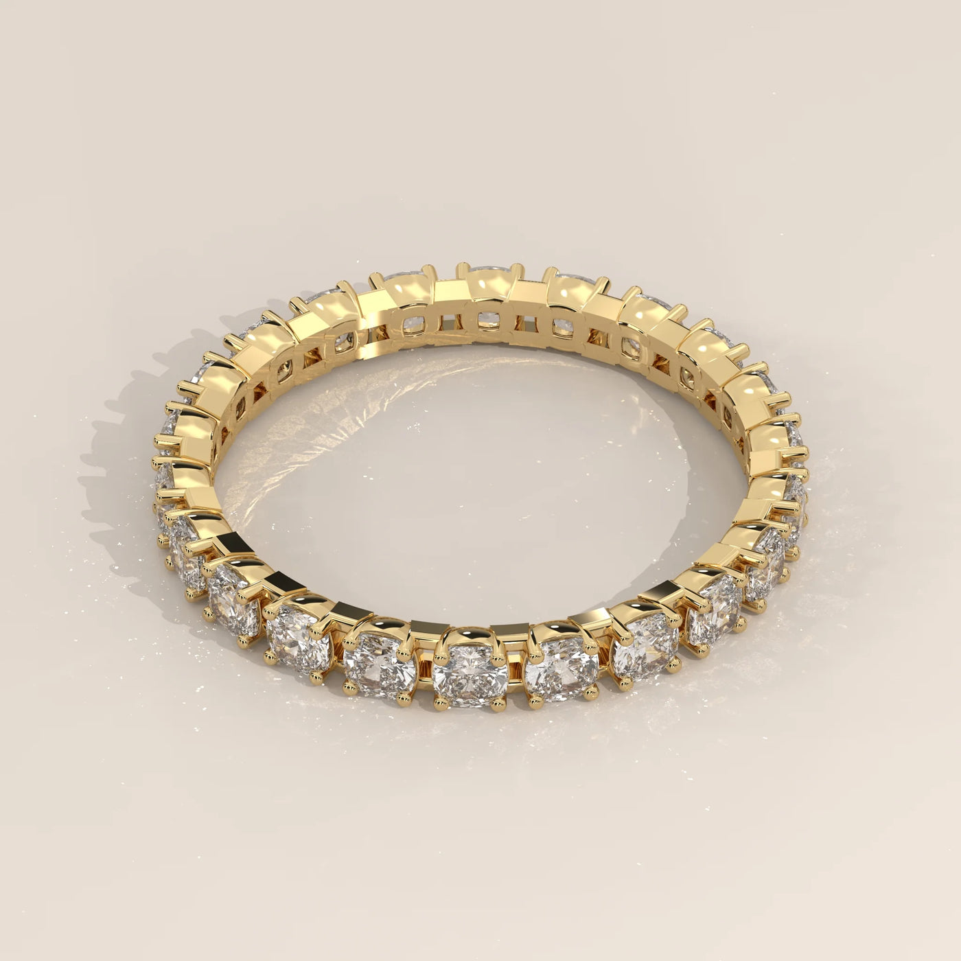 Angle View: Cushion Diamond Eternity Ring with Eternity Setting in Yellow Gold – Lab Grown – Driona Jewels