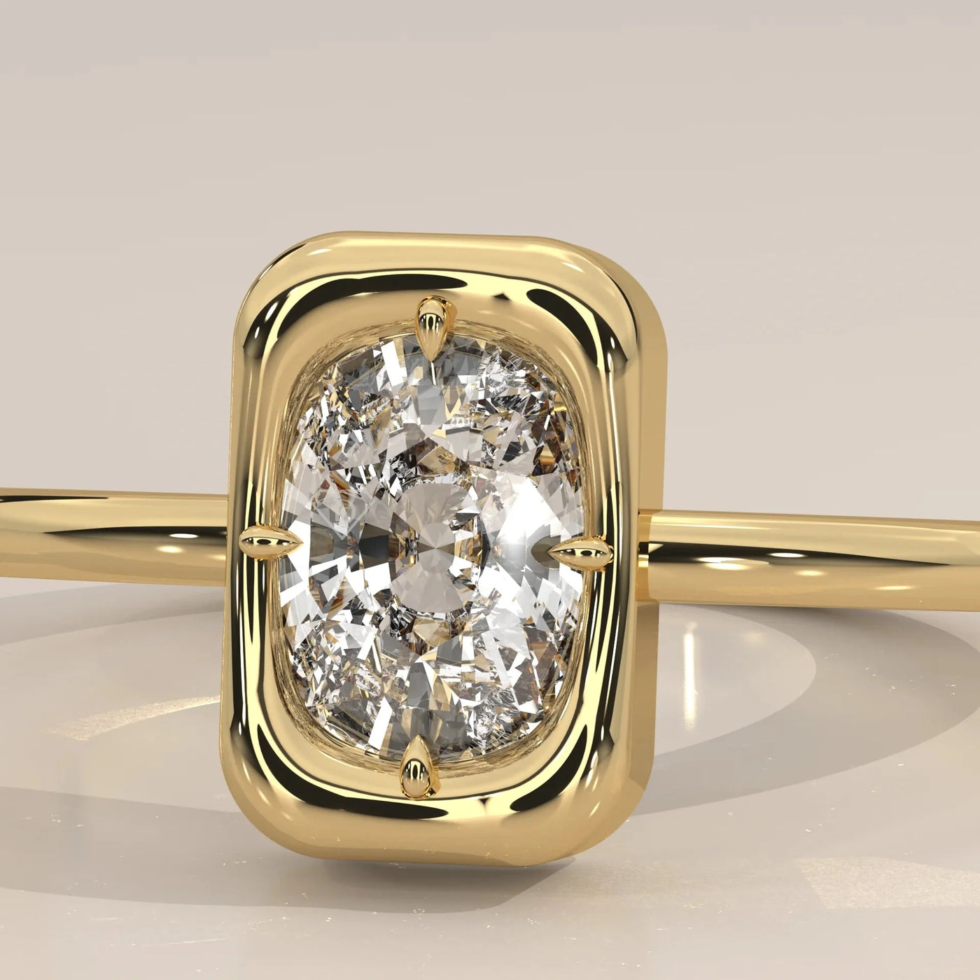 Front View: Cushion Diamond Ring with Prong Setting in Yellow Gold – Lab Grown – Driona Jewels