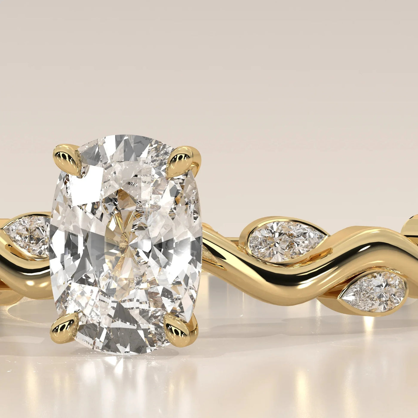 Front View: Cushion Diamond Ring with Prong Setting in Yellow Gold – Lab Grown – Driona Jewels