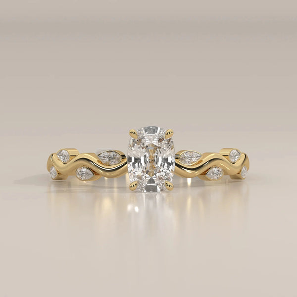 Front View: Cushion Diamond Ring with Prong Setting in Yellow Gold – Lab Grown – Driona Jewels