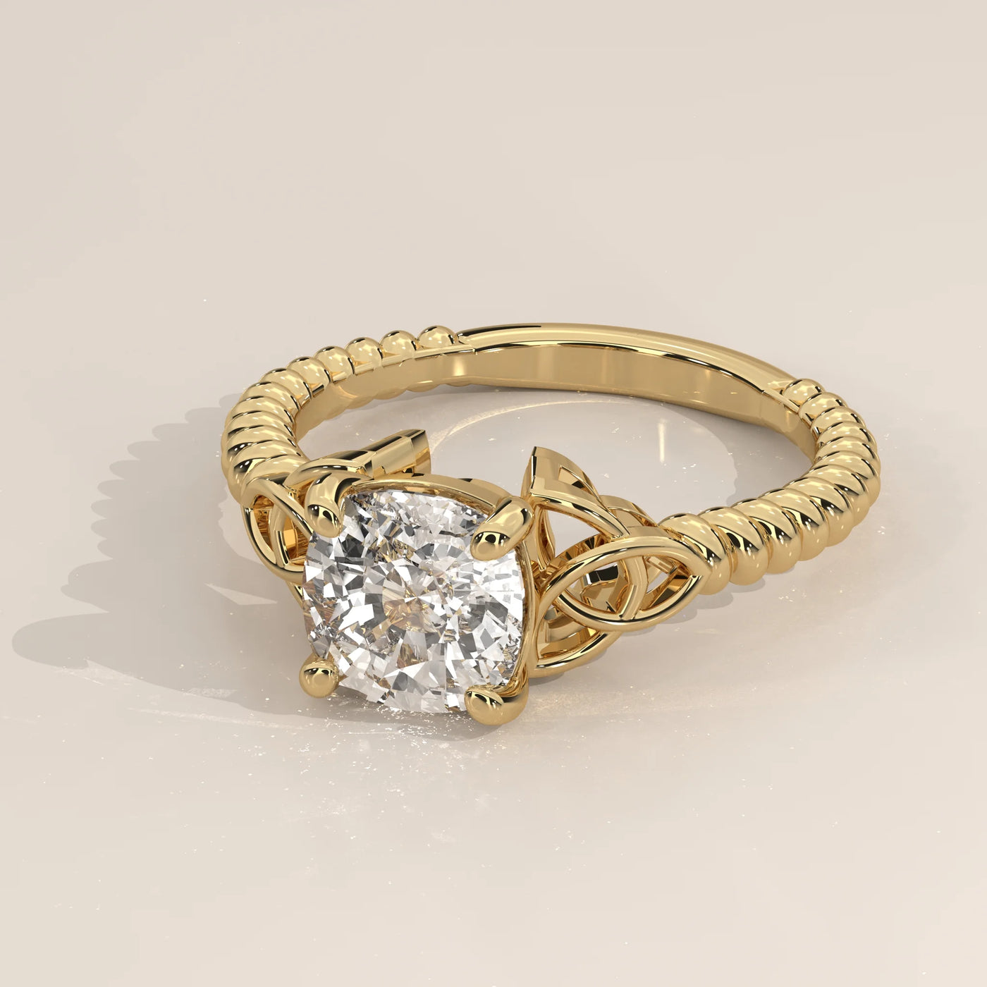 Angle View: Cushion Diamond Band Ring with Solitaire Setting in Yellow Gold – Lab Grown – Driona Jewels