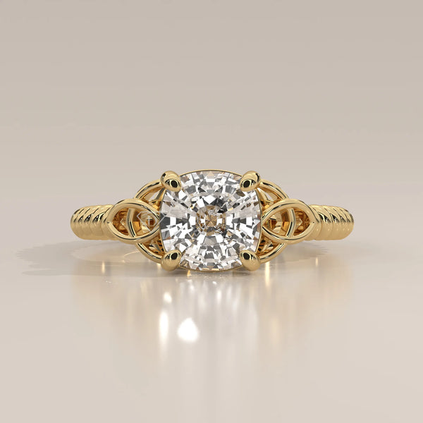 Side Profile: Cushion Diamond Band Ring with Solitaire Setting in Yellow Gold – Lab Grown – Driona Jewels