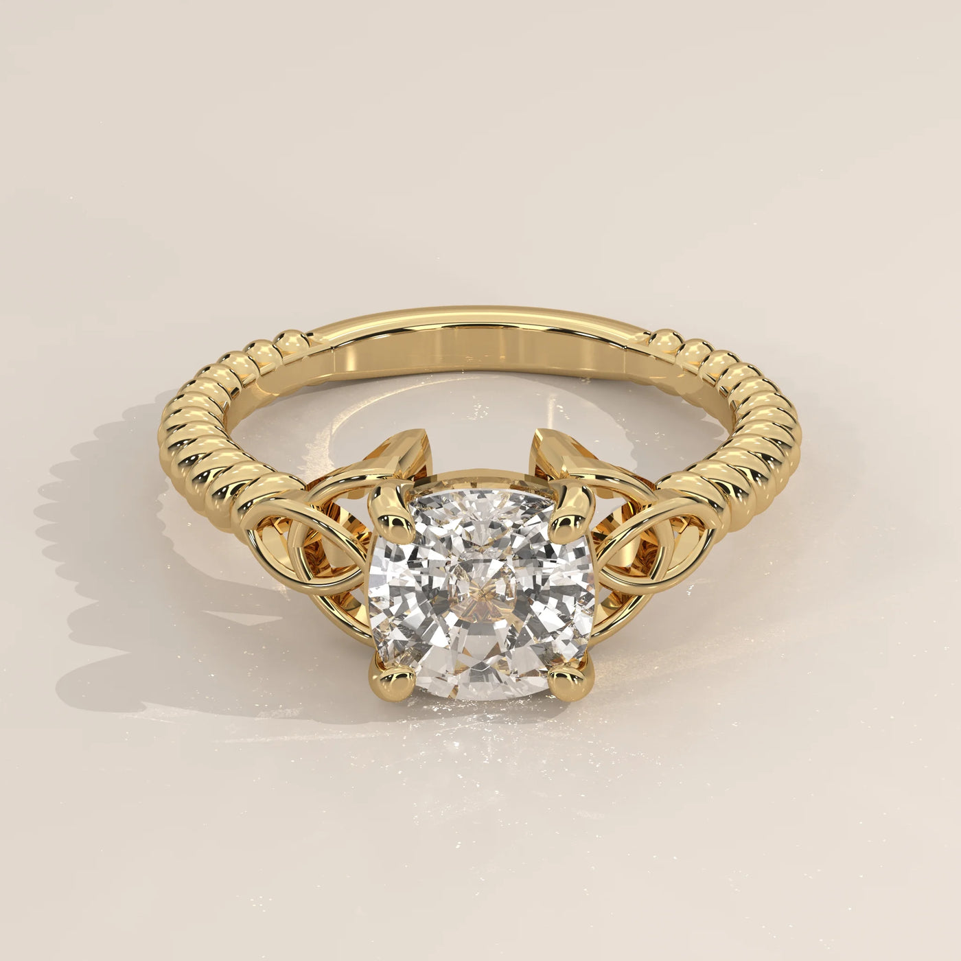 Three-Quarter View: Cushion Diamond Band Ring with Solitaire Setting in Yellow Gold – Lab Grown – Driona Jewels