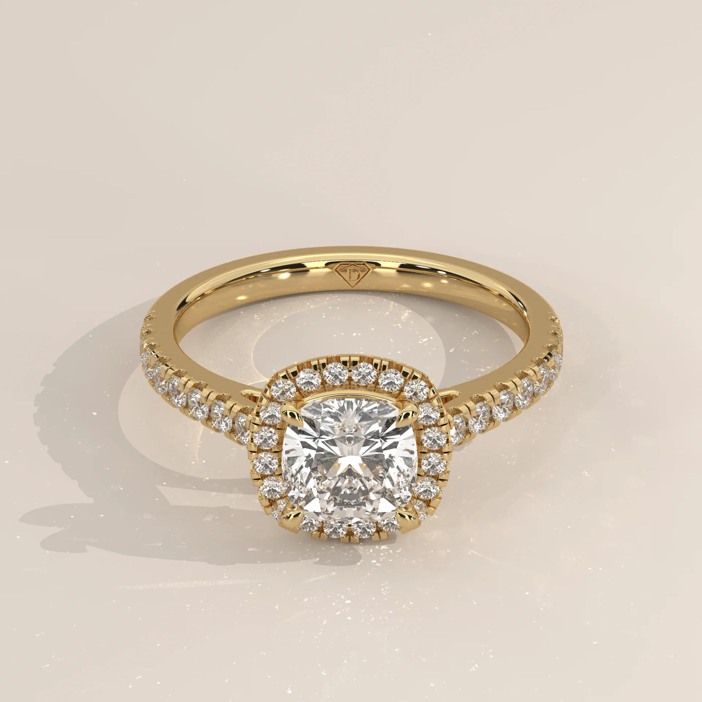 Three-Quarter View: Cushion Diamond Ring with Halo Setting in Yellow Gold – Lab Grown – Driona Jewels