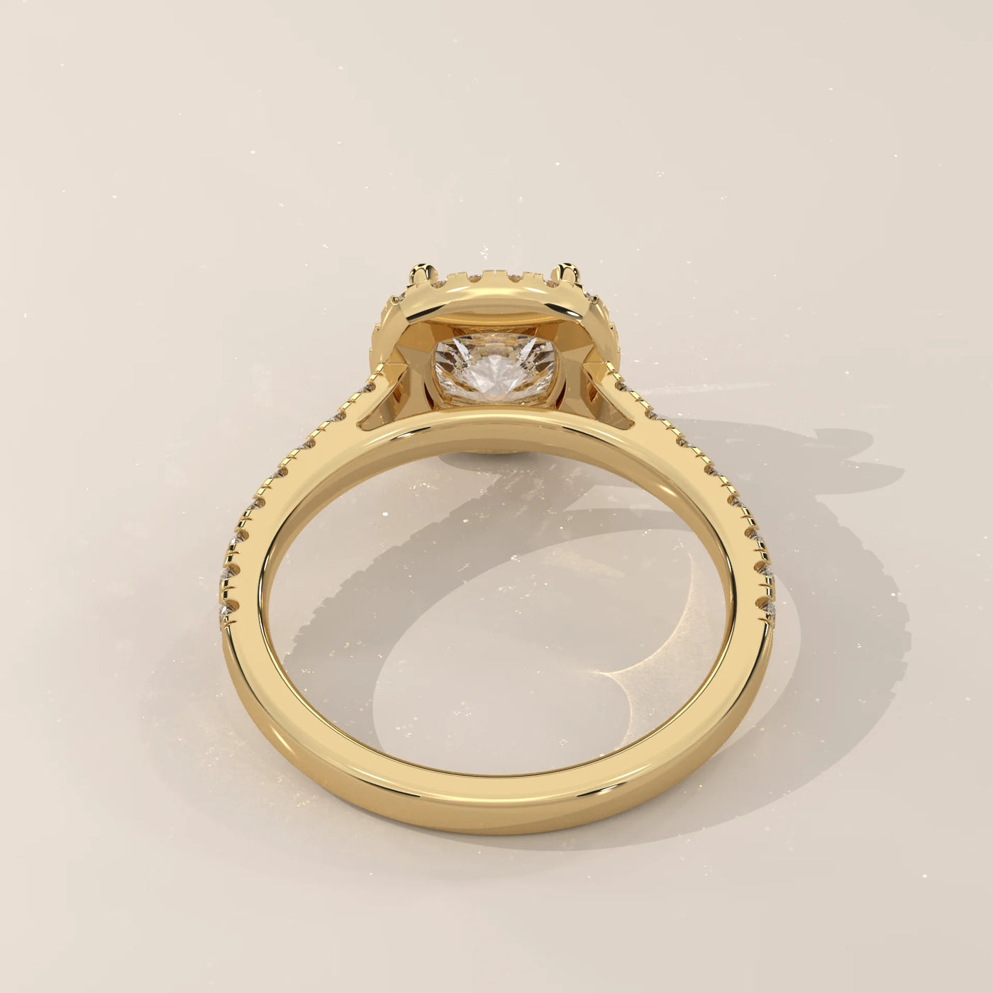 Top View: Cushion Diamond Ring with Halo Setting in Yellow Gold – Lab Grown – Driona Jewels