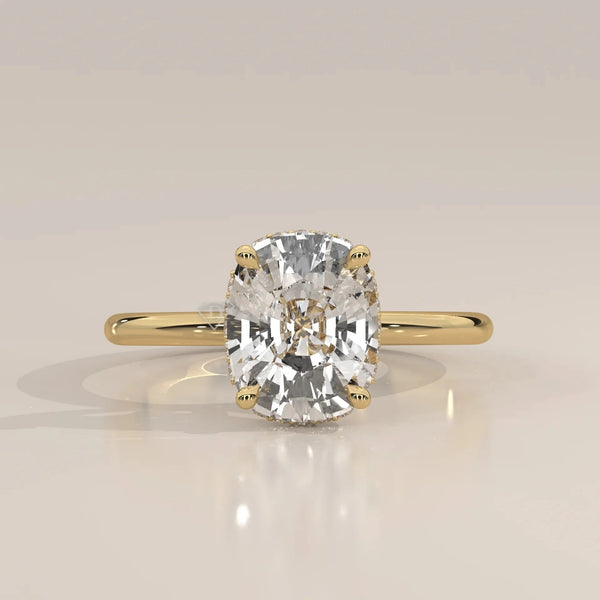 Front View: Cushion Diamond Ring with Hidden Halo Setting in Yellow Gold – Lab Grown – Driona Jewels