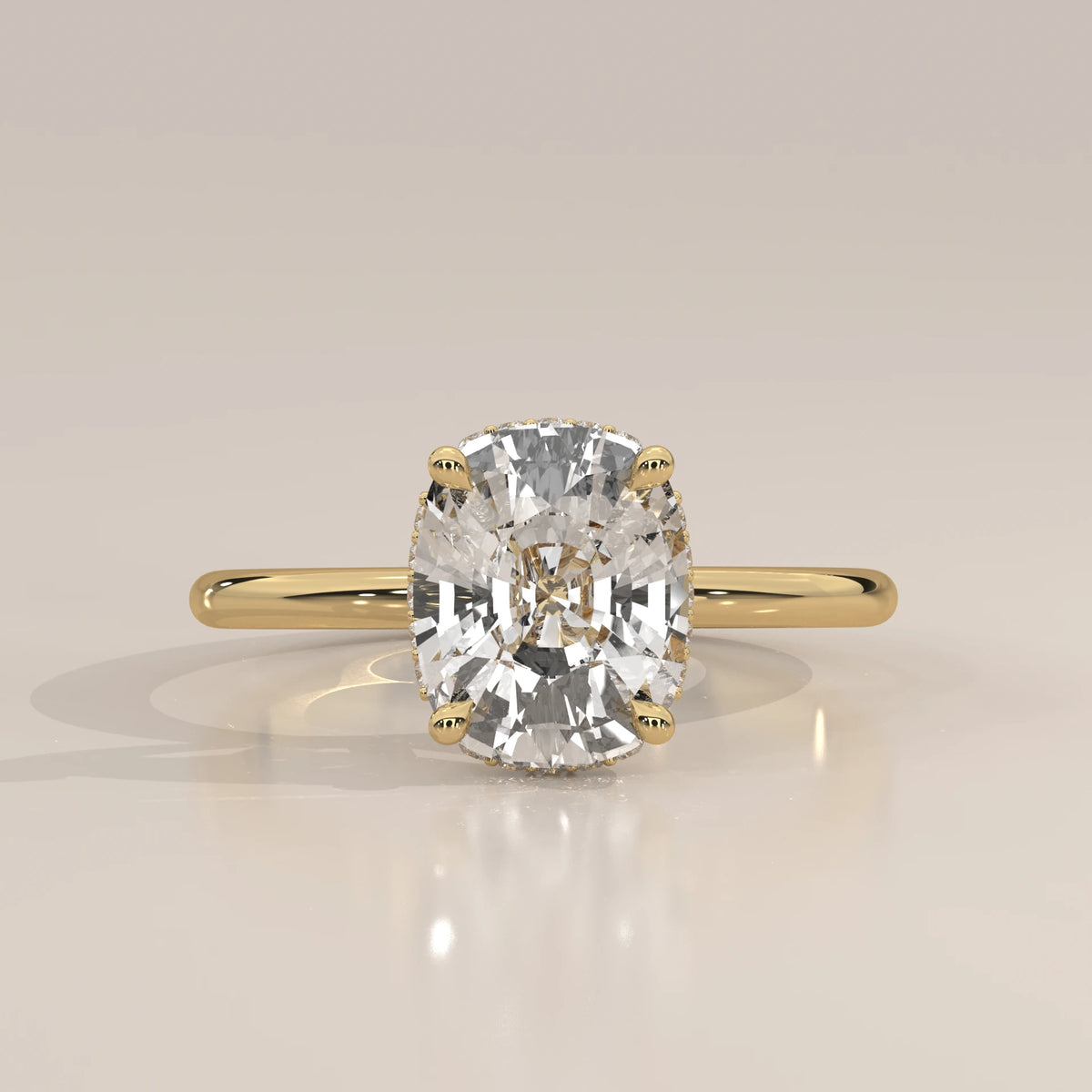 Front View: Cushion Diamond Ring with Hidden Halo Setting in Yellow Gold – Lab Grown – Driona Jewels