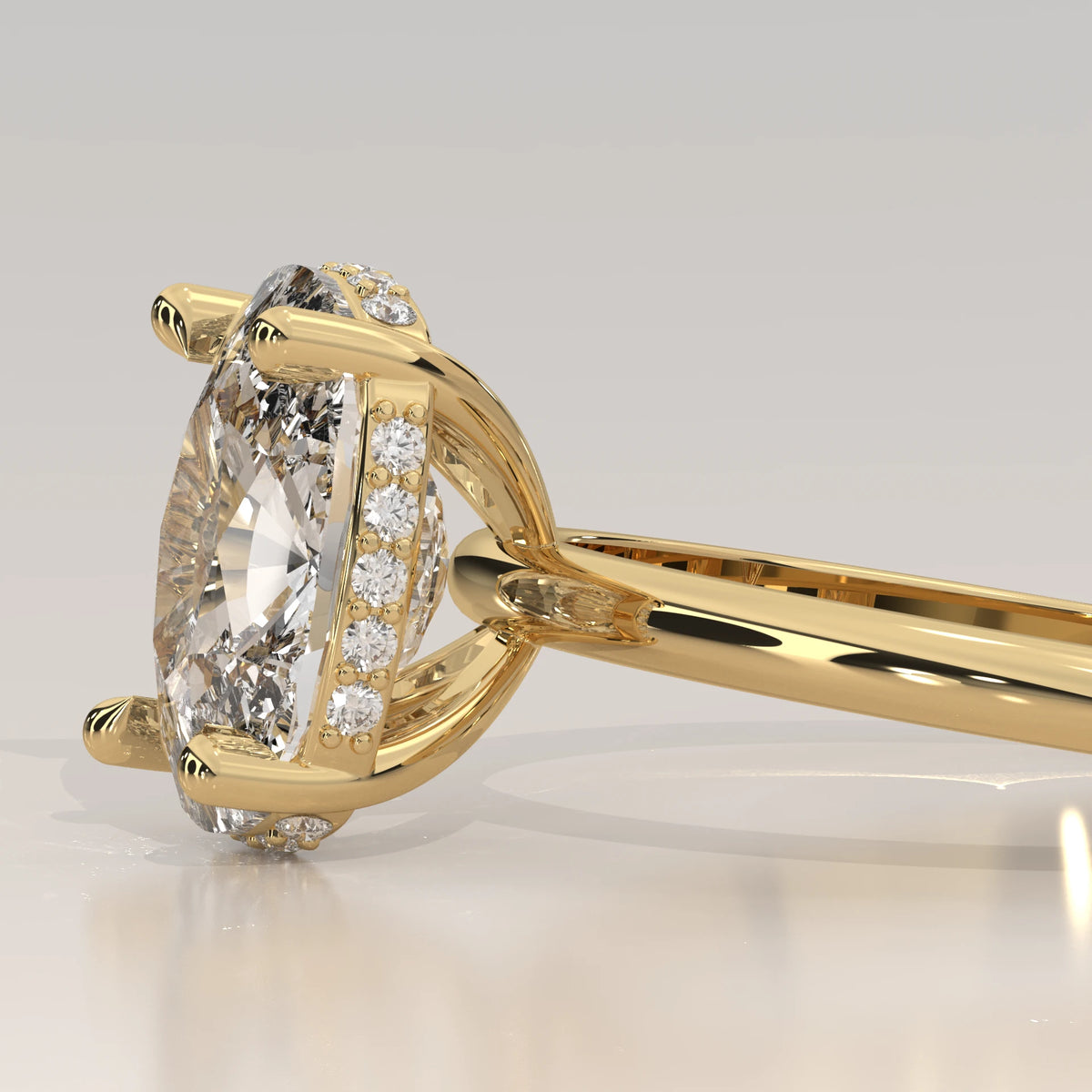 Side Profile: Cushion Diamond Ring with Hidden Halo Setting in Yellow Gold – Lab Grown – Driona Jewels