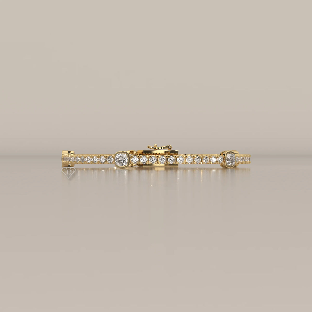 Cushion Station Lab Grown Diamond Tennis Bracelet with Round Line in yellow gold, product photograph on a plain background.