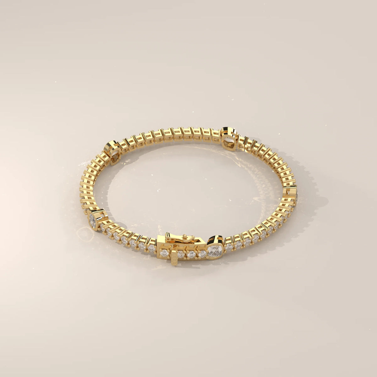Cushion Station Lab Grown Diamond Tennis Bracelet with Round Line in yellow gold, studio photograph on a plain background.