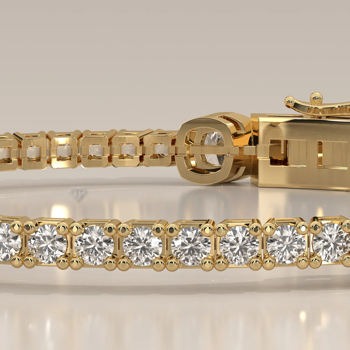Cushion Station Lab Grown Diamond Tennis Bracelet with Round Line in yellow gold, detail view on a plain background.