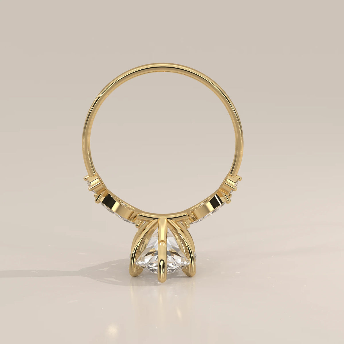 Daiva 5 Carat Marquise Lab Grown Diamond Ring, East West Accents in yellow gold, photographed from the side.
