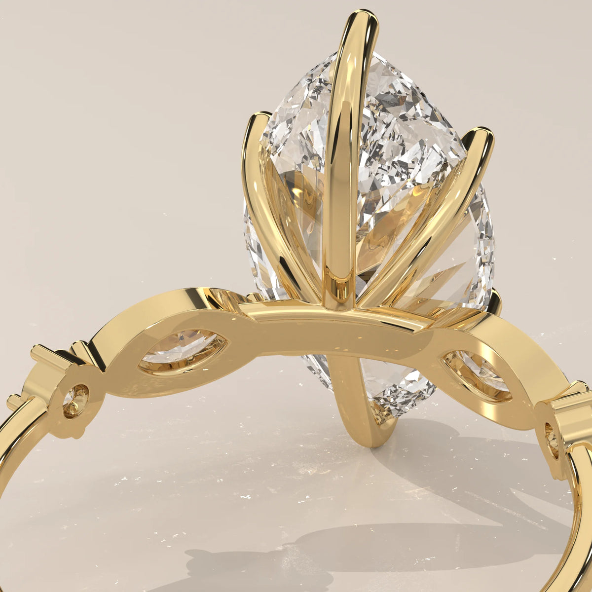 Daiva 5 Carat Marquise Lab Grown Diamond Ring, East West Accents in yellow gold, product photograph on a plain background.