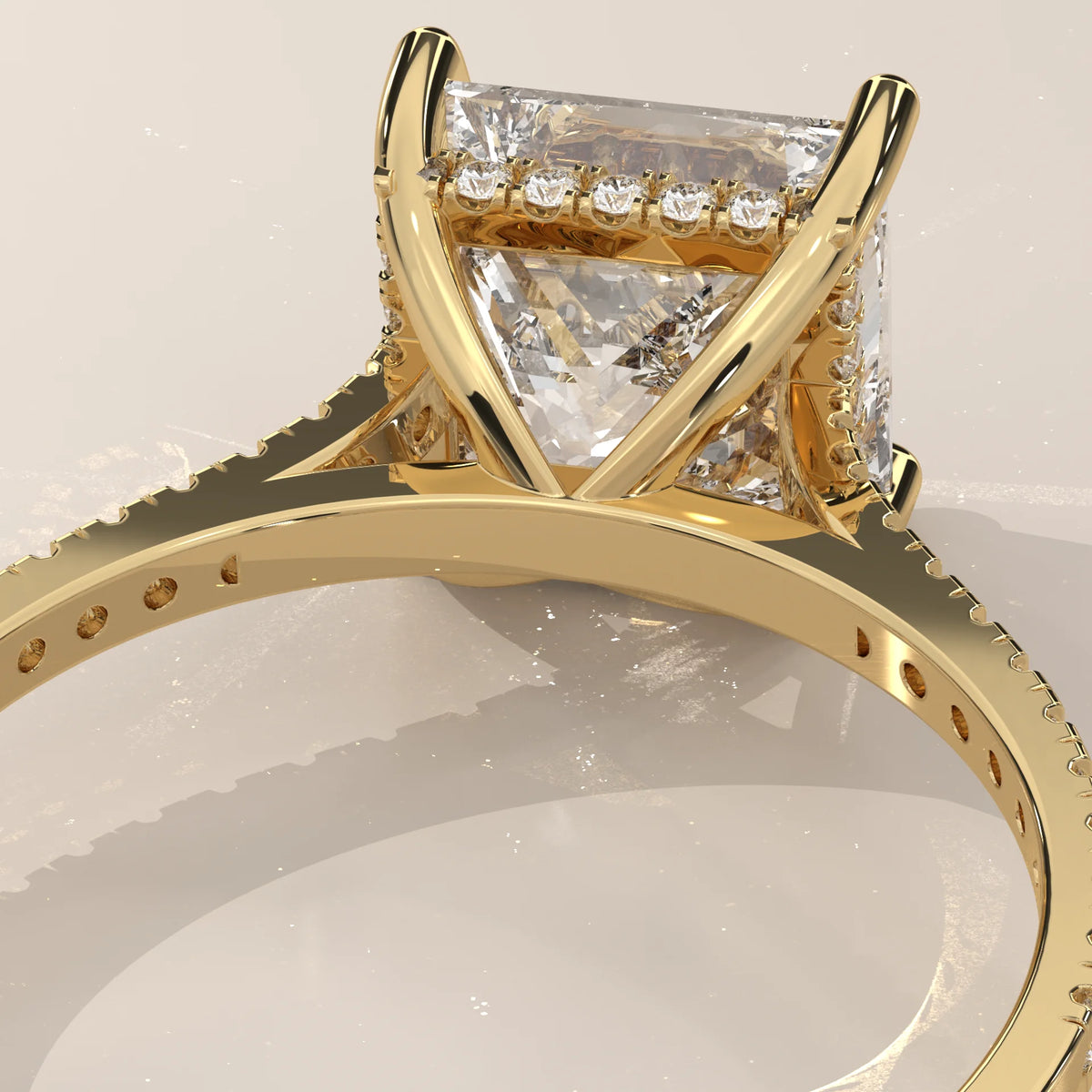 Daphne 5 Carat Princess Lab Grown Diamond Ring, Hidden Halo Pave in yellow gold, shown at an angle.