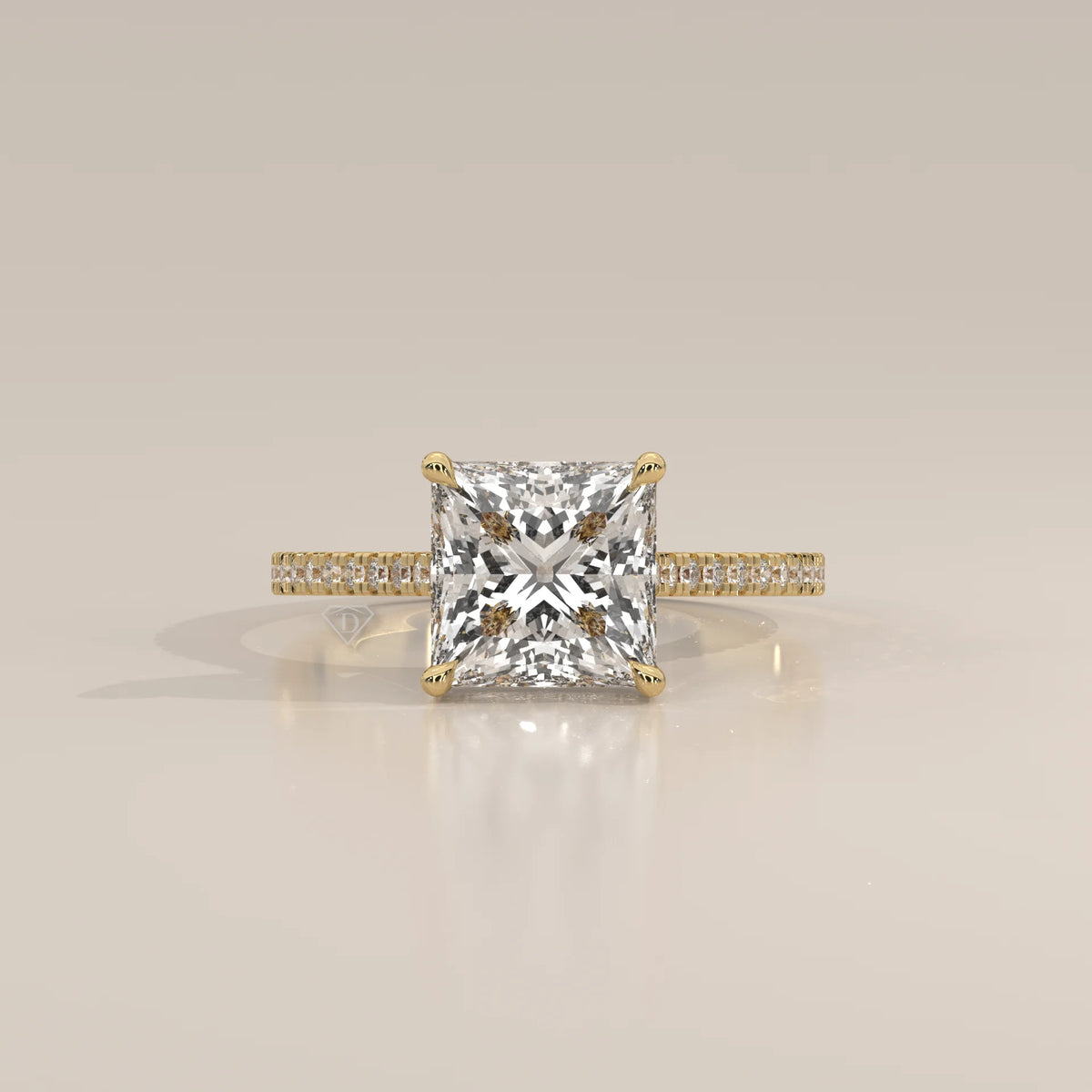 Daphne 5 Carat Princess Lab Grown Diamond Ring, Hidden Halo Pave in yellow gold, photographed head-on.