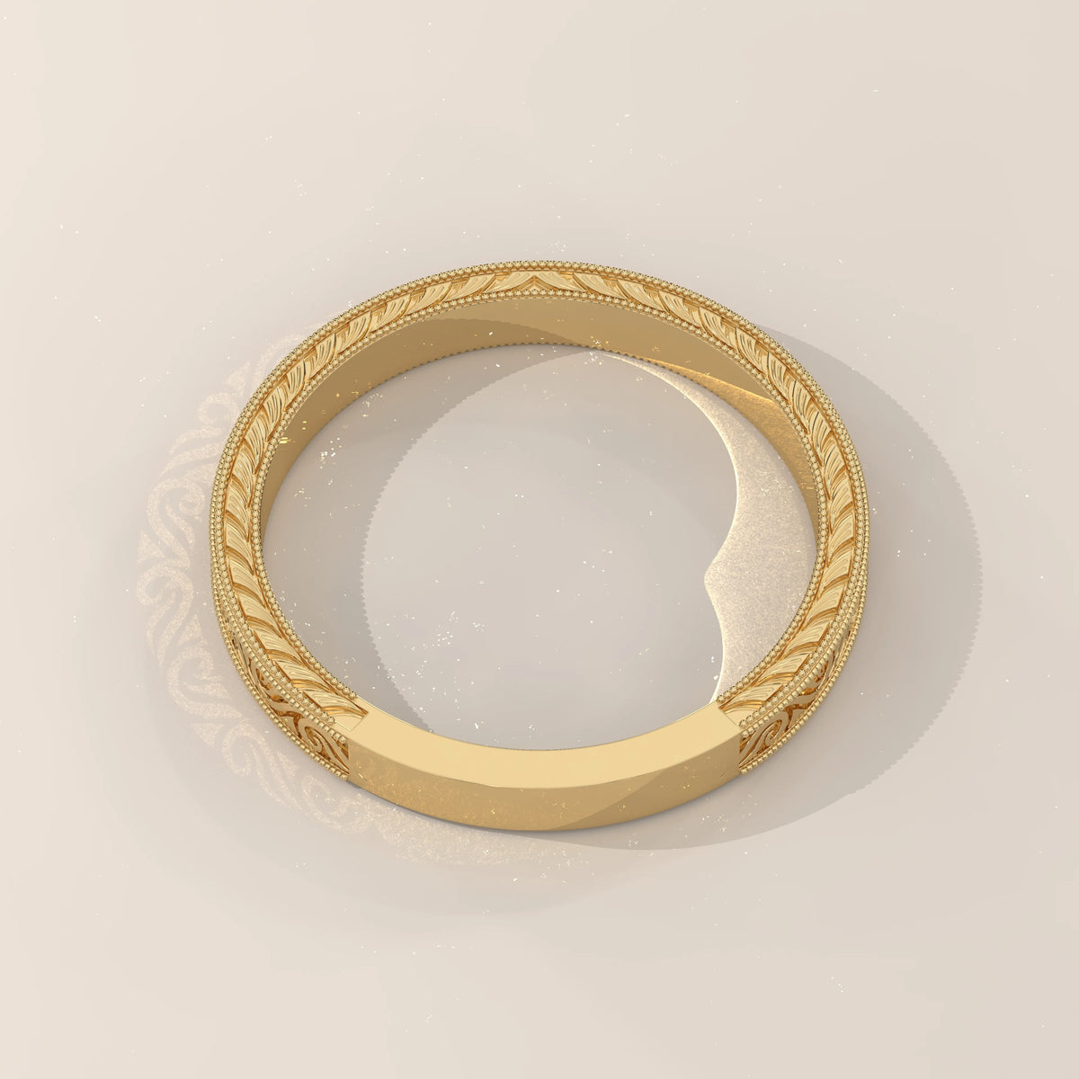 Dense Ribbon Scroll Engraved Wedding Band with Milgrain, shown on a plain background.
