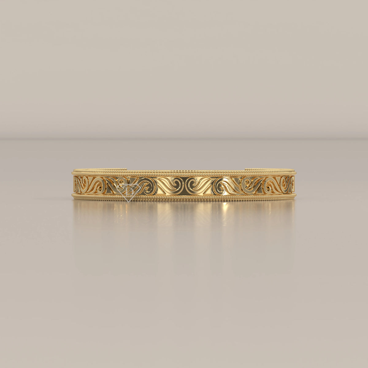 Dense Ribbon Scroll Engraved Wedding Band with Milgrain, photographed head-on.