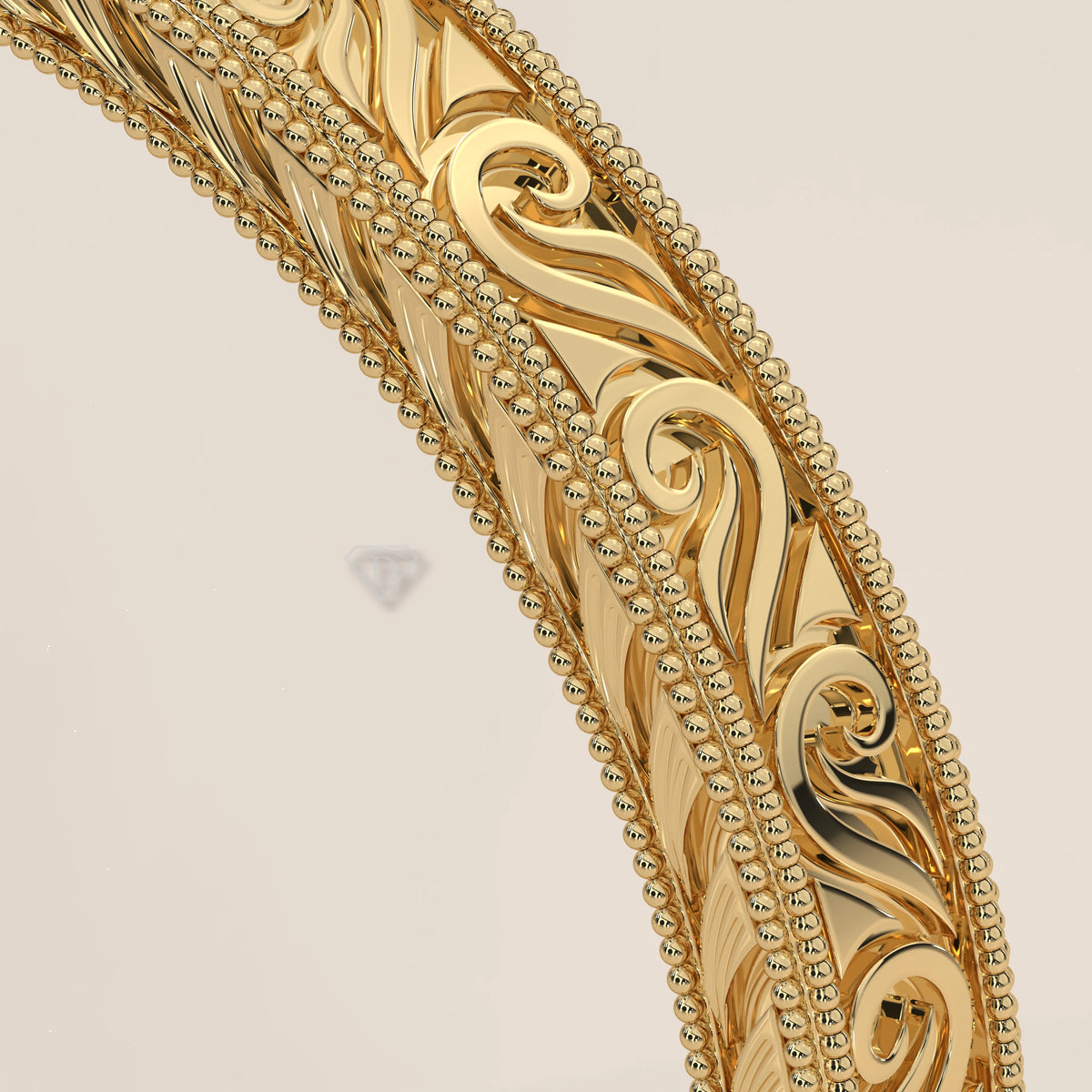 Dense Ribbon Scroll Engraved Wedding Band with Milgrain, side profile view.