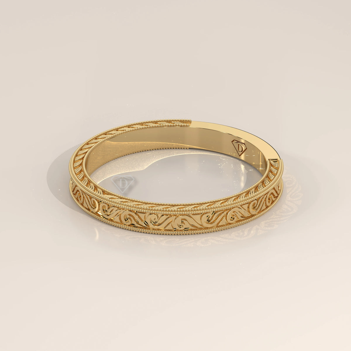 Dense Ribbon Scroll Engraved Wedding Band with Milgrain, shown from the side.