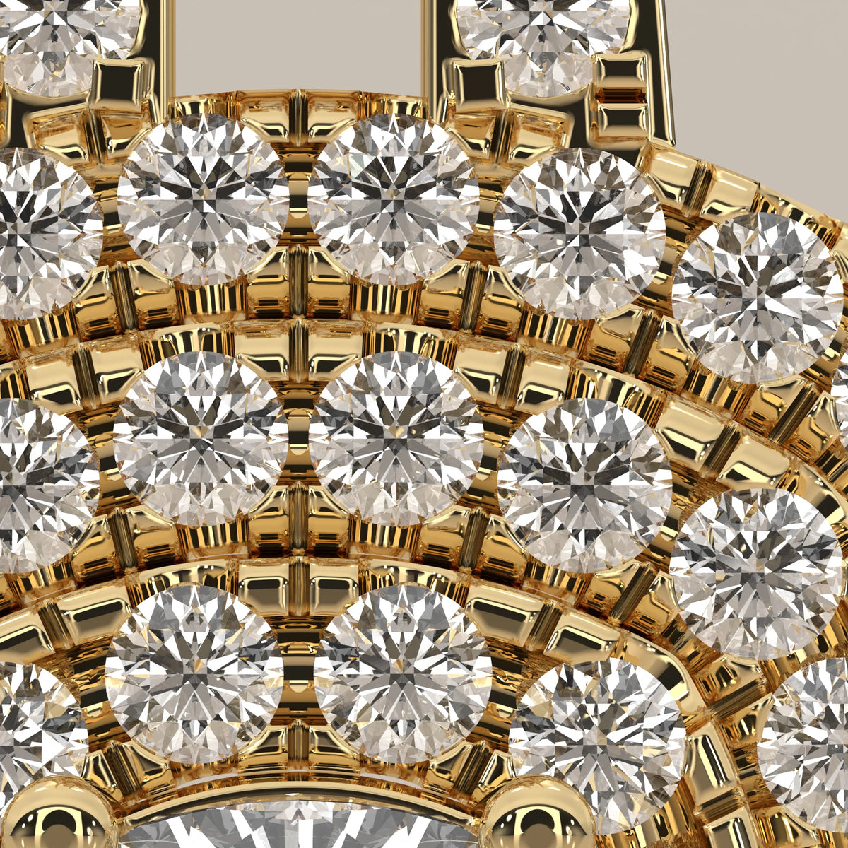 A close-up shot of a yellow gold jewelry piece with numerous round-cut diamonds.