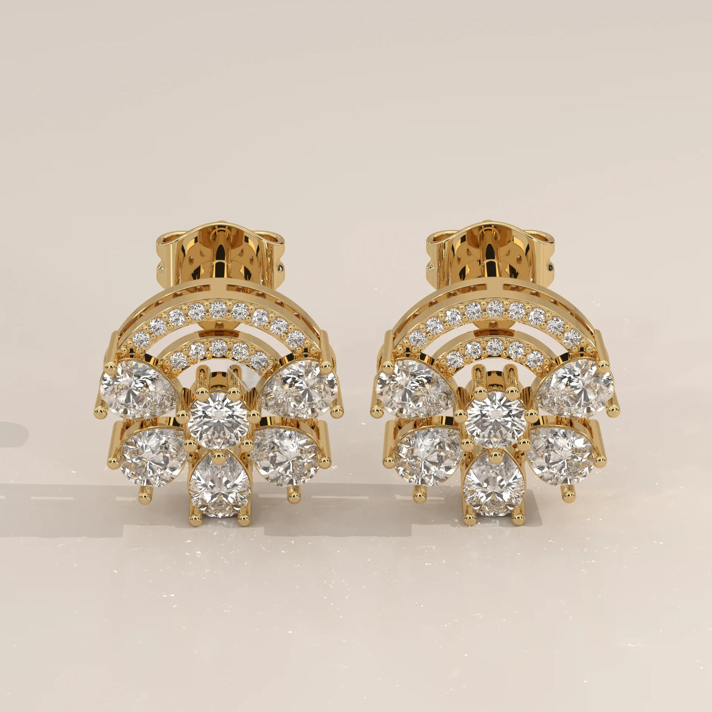 Pair Front View: Round Diamond Stud Earrings with Cluster Setting in Yellow Gold – Lab Grown – Driona Jewels