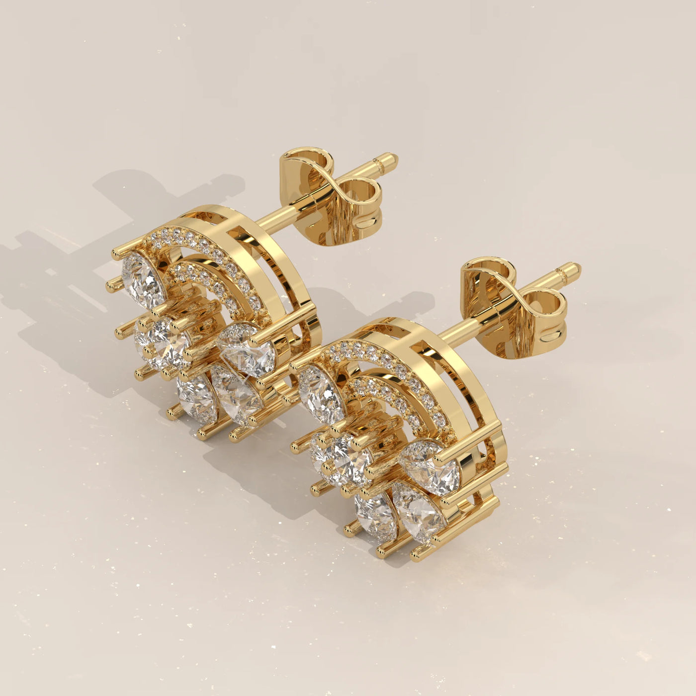 Three-Quarter View: Round Diamond Stud Earrings with Cluster Setting in Yellow Gold – Lab Grown – Driona Jewels