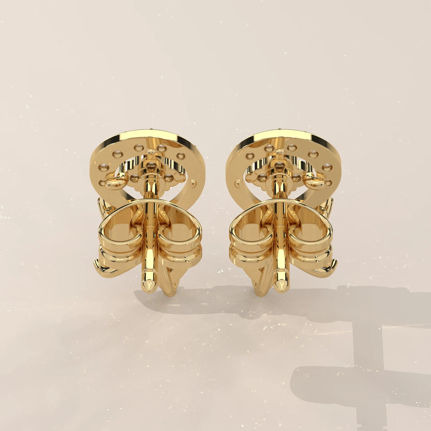 Back View: Round Diamond Drop Earrings with Halo Setting in Yellow Gold – Lab Grown – Driona Jewels