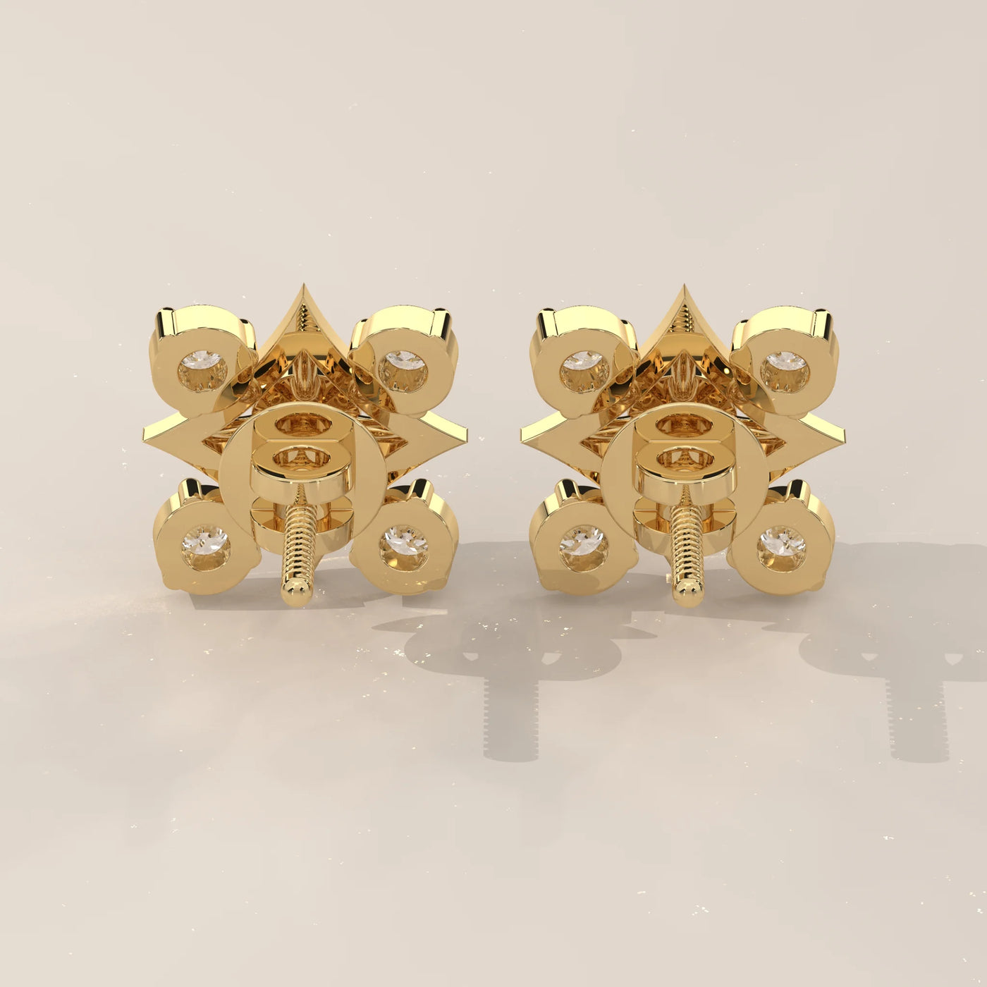 Back View: Round Diamond Stud Earrings with Cluster Setting in Yellow Gold – Lab Grown – Driona Jewels
