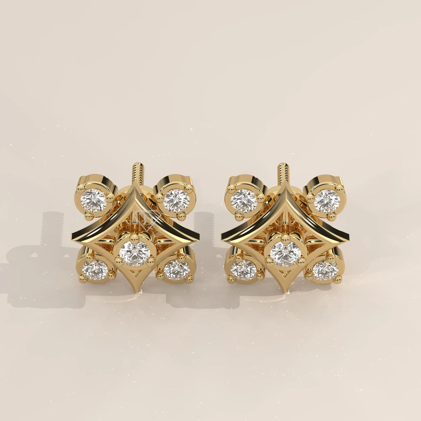 Pair Front View: Round Diamond Stud Earrings with Cluster Setting in Yellow Gold – Lab Grown – Driona Jewels