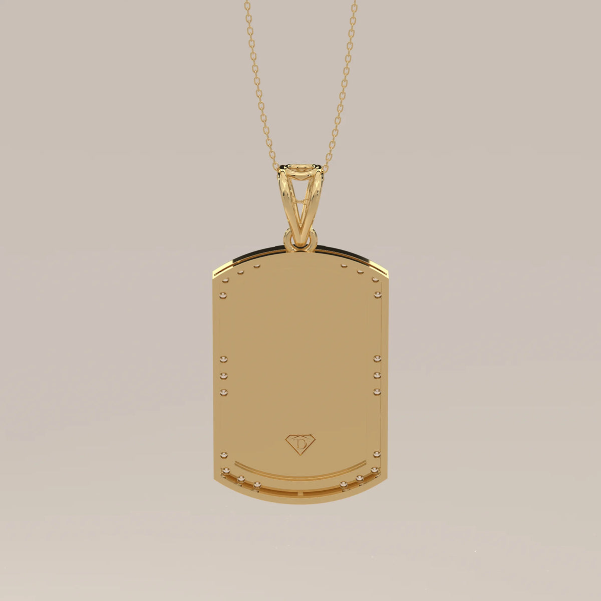 A 14k gold dog tag pendant with diamonds on a gold chain.
