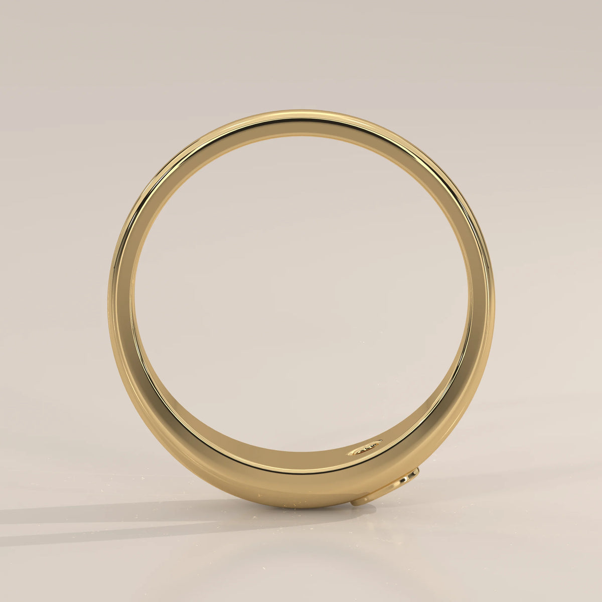 Domed Gold Band with a Flush Set East West Oval Diamond in yellow gold, side profile view.