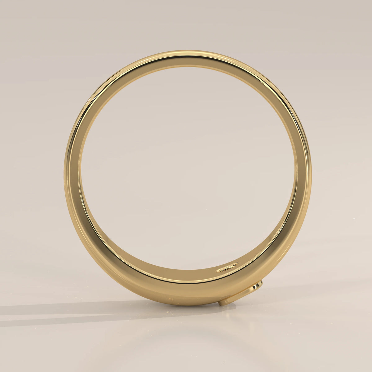 Domed Gold Band with a Flush Set Elongated Cushion Diamond in yellow gold, side profile view.