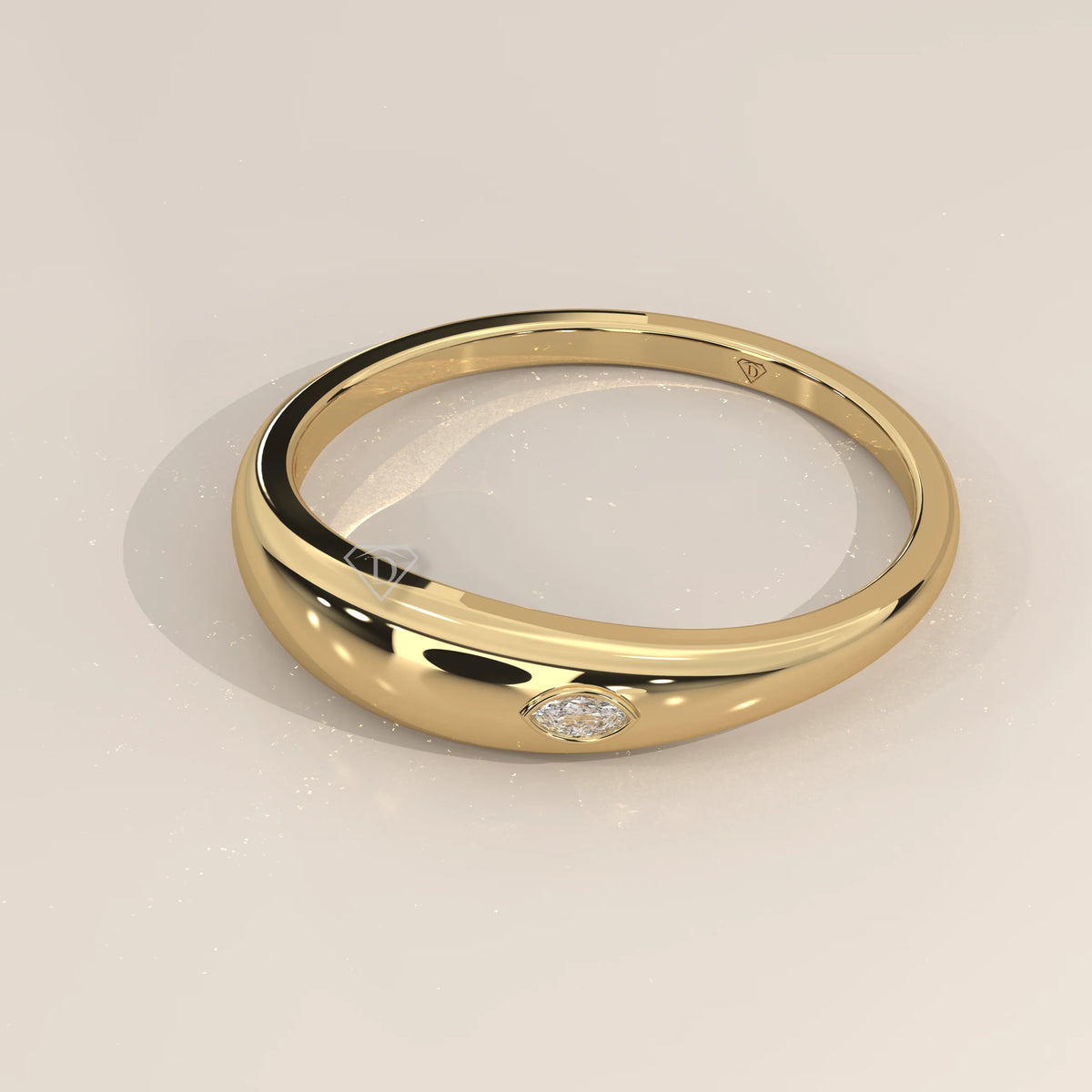 Domed Gold Band with a Flush Set Marquise Cut Diamond in yellow gold, front view on a plain background.