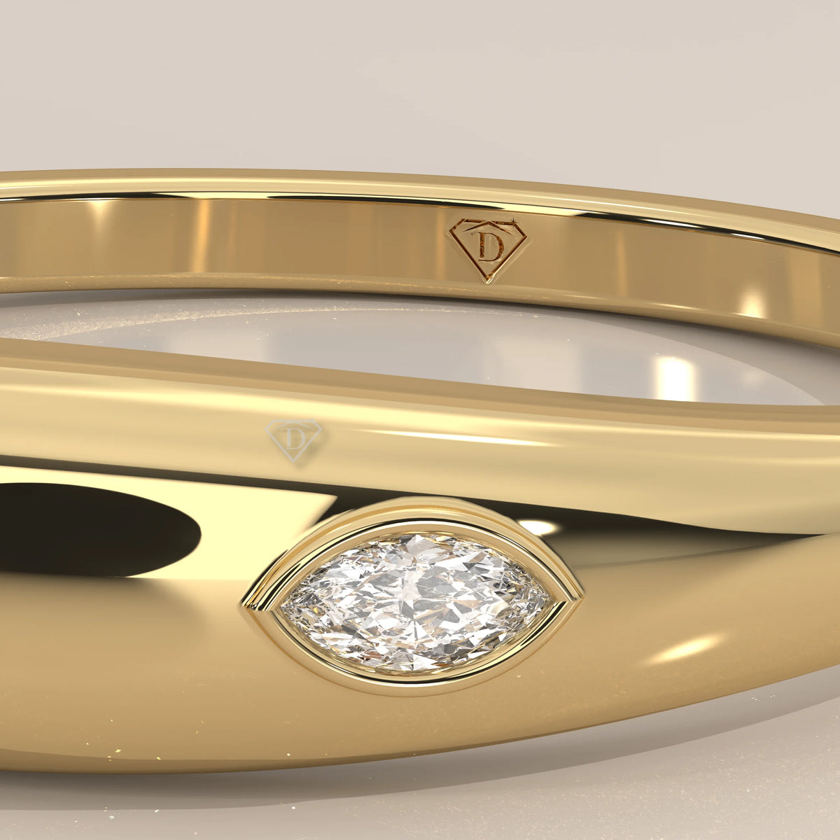 Domed Gold Band with a Flush Set Marquise Cut Diamond in yellow gold, shown on a plain background.