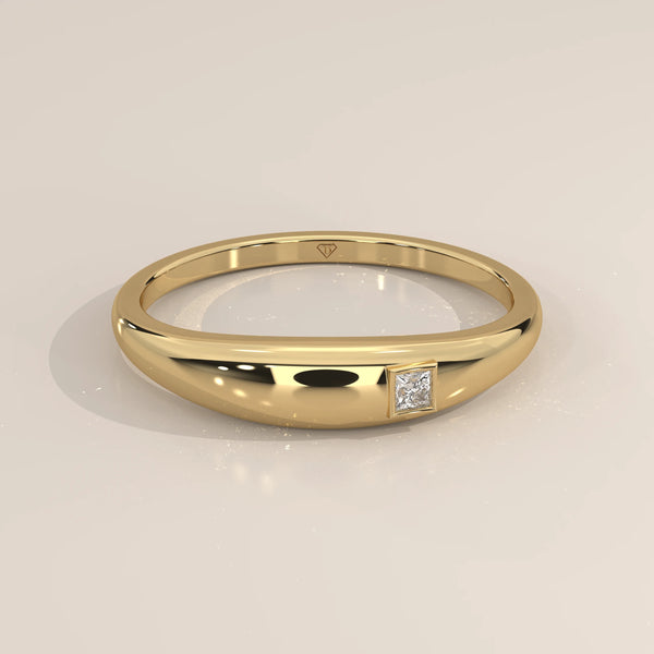 Domed Gold Band with a Flush Set Princess Cut Diamond in yellow gold, shown on a plain background.