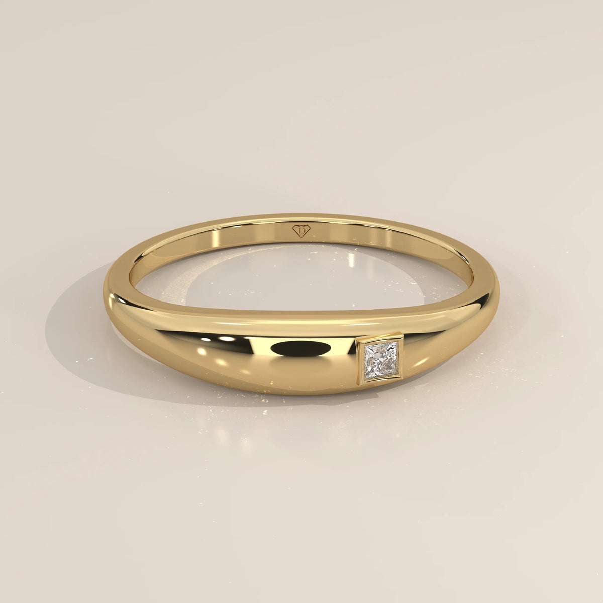 Domed Gold Band with a Flush Set Princess Cut Diamond in yellow gold, shown on a plain background.