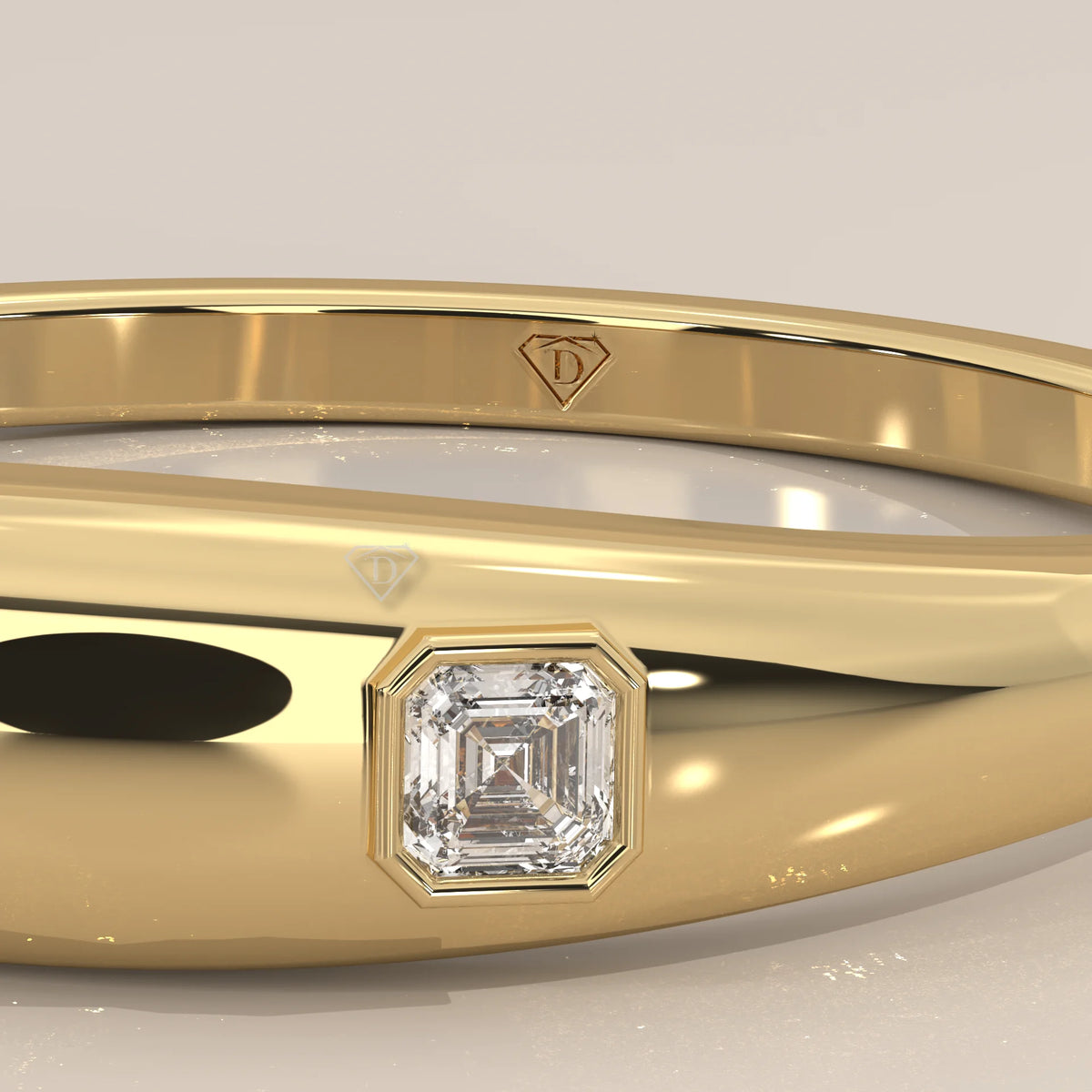 Domed Gold Band with a Flush Set Square Step Cut Diamond in yellow gold, product photograph on a plain background.