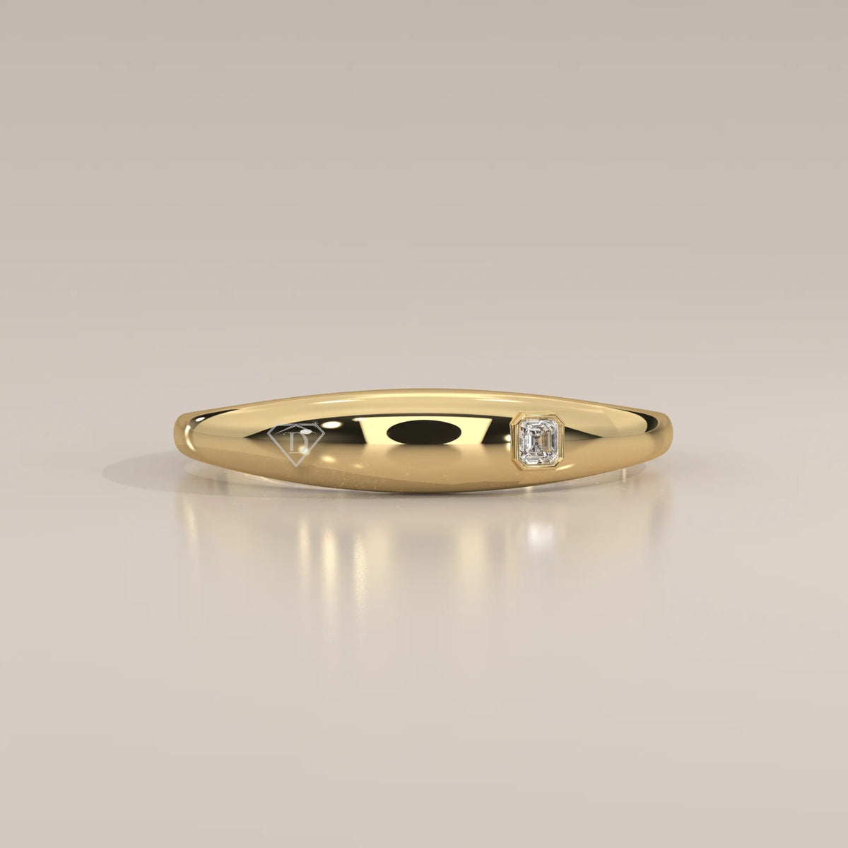 Domed Gold Band with a Flush Set Square Step Cut Diamond in yellow gold, photographed head-on.
