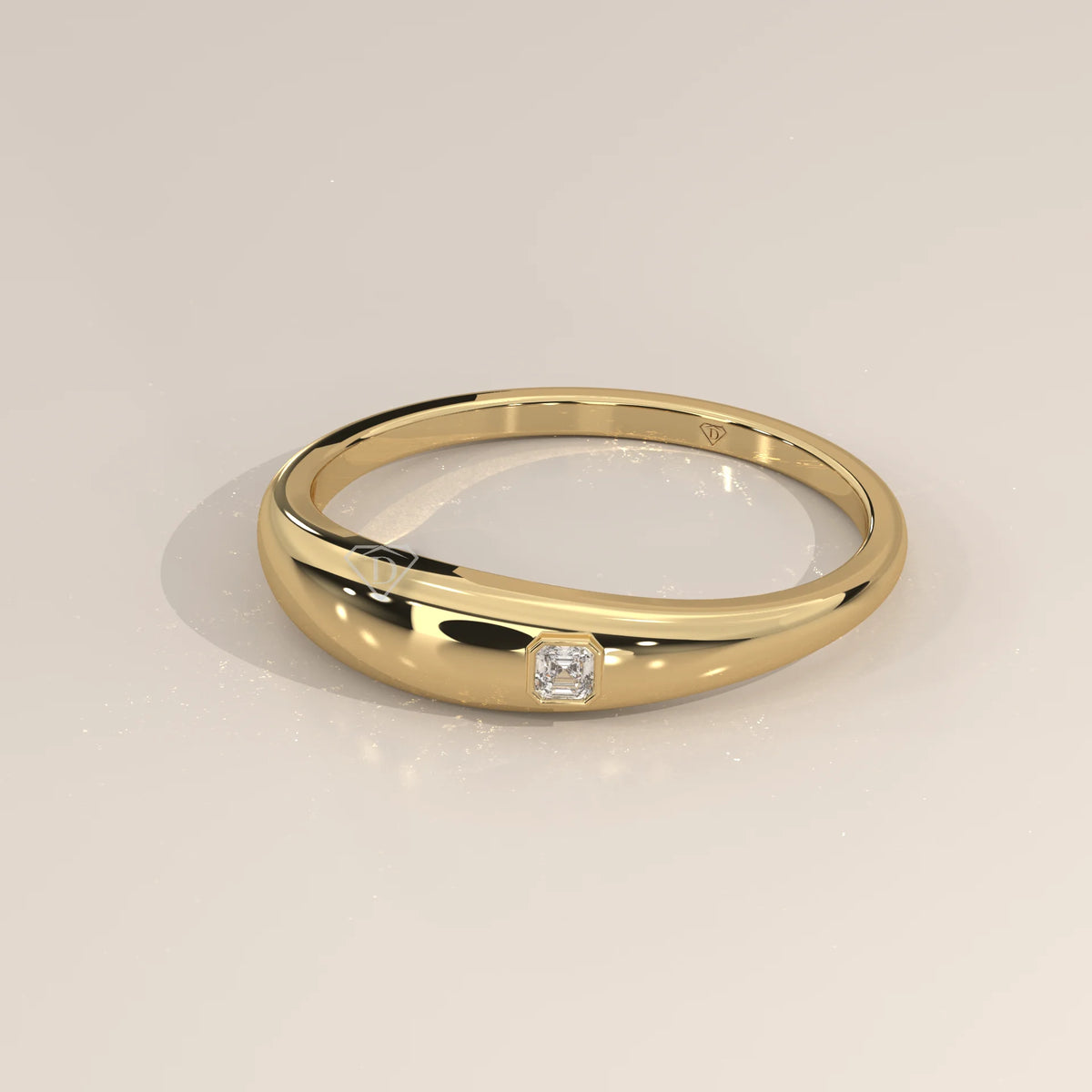 Domed Gold Band with a Flush Set Square Step Cut Diamond in yellow gold, shown from the side.