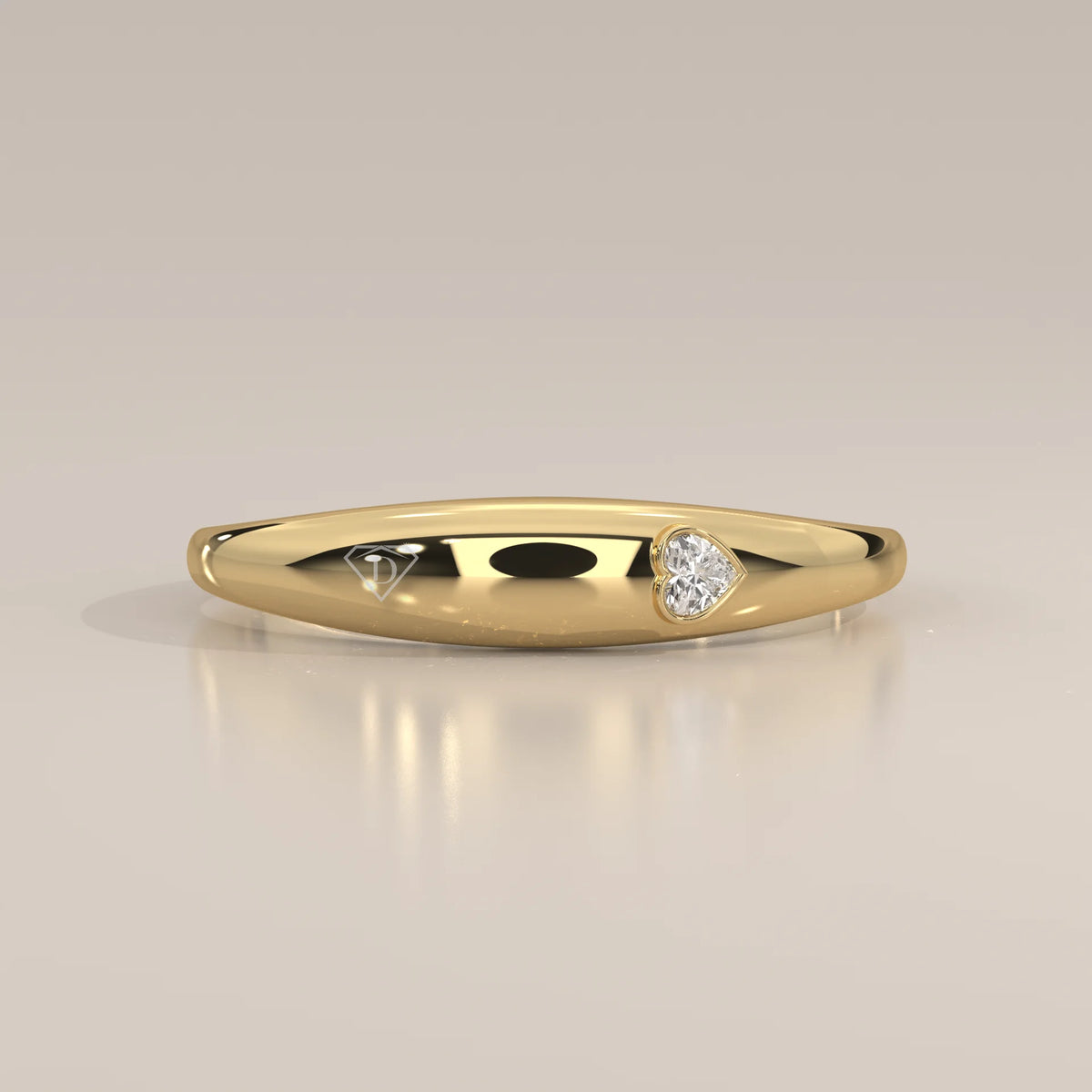 Domed Gold Band with a Small Flush Set Heart Diamond in yellow gold, photographed head-on.
