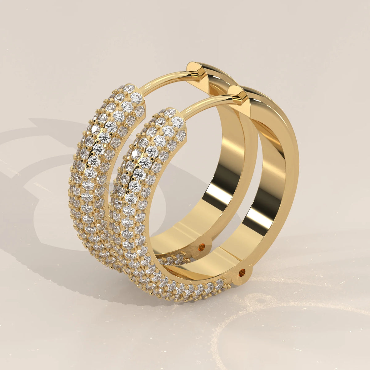 Domed Pave Round Lab Grown Diamond Hoop Earrings with Hinged Snap in yellow gold, photographed head-on.