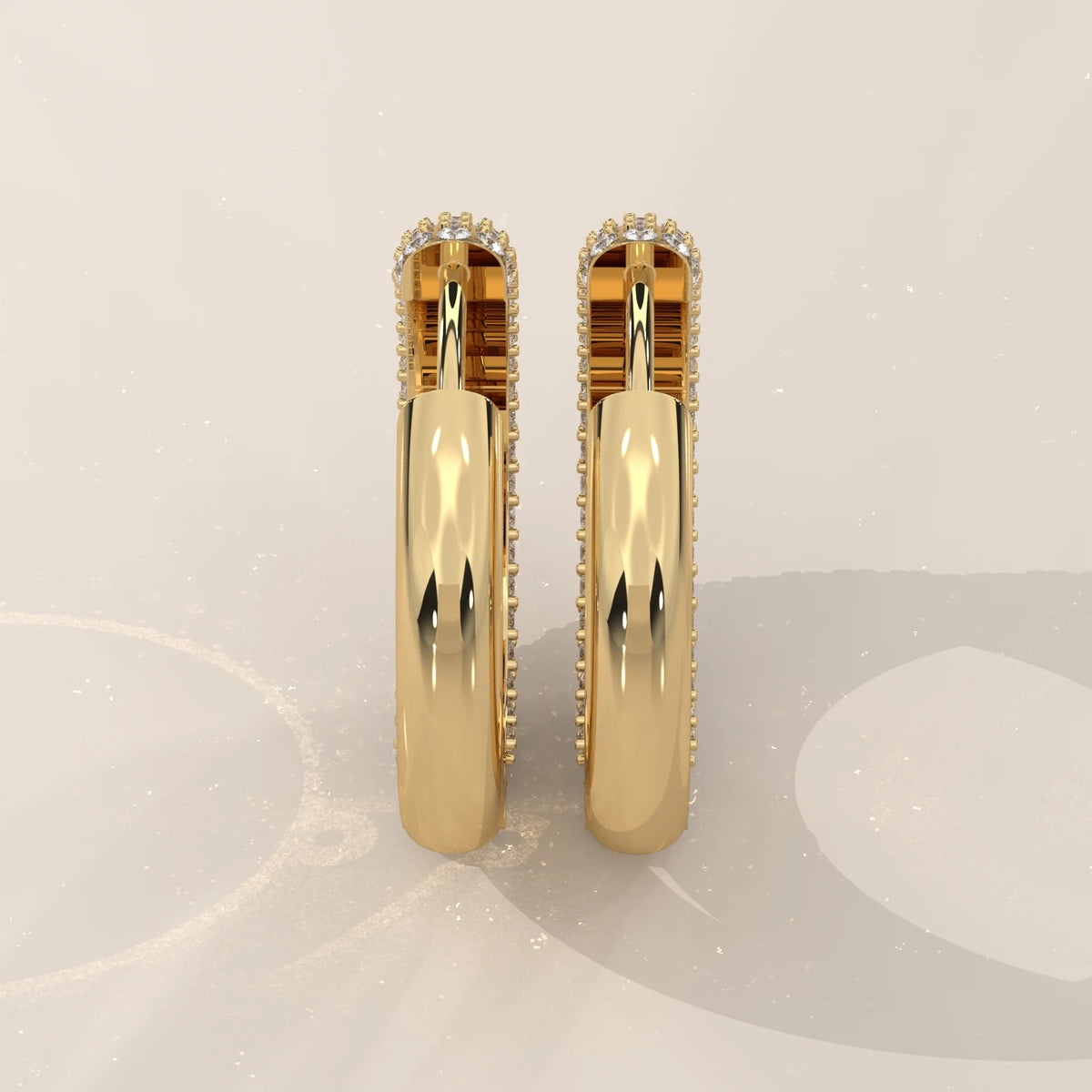Domed Pave Round Lab Grown Diamond Hoop Earrings with Hinged Snap in yellow gold, front view on a plain background.