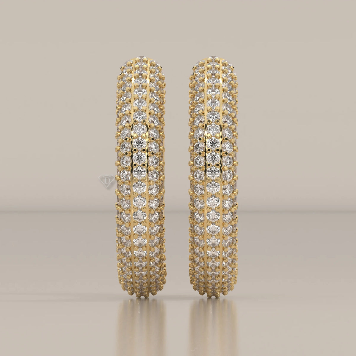 Domed Pave Round Lab Grown Diamond Hoop Earrings with Hinged Snap in yellow gold, shown from the front.