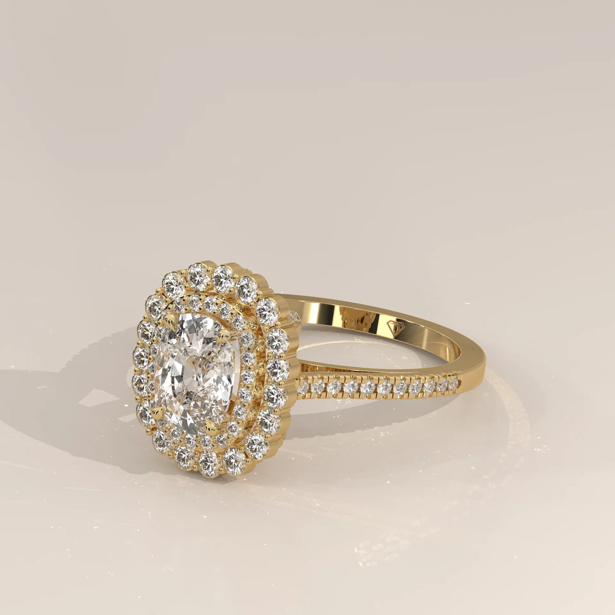 Cushion Lab Grown Diamond Double Halo Ring with Scalloped Outer Row in yellow gold, shown from the side.