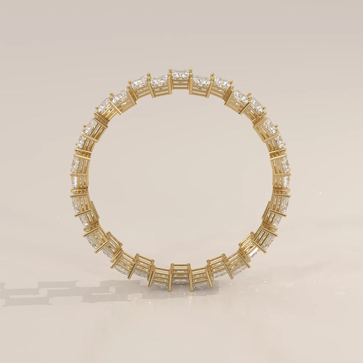 Double Row Princess Cut Diamond Checkerboard Eternity Ring in yellow gold, front view on a plain background.
